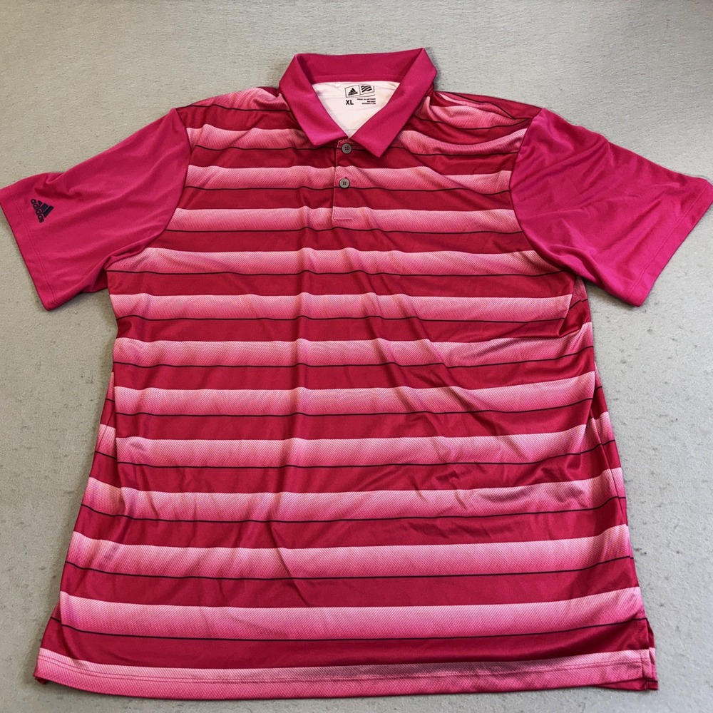 Adidas Golf Polo Shirt Mens XL Pink Magenta Striped Short Sleeve Golfing Casual